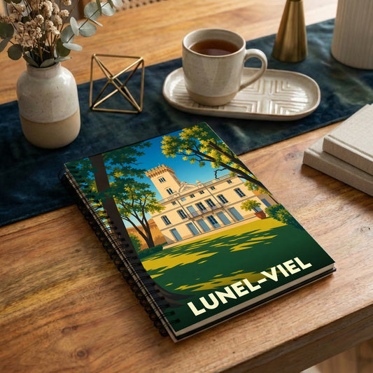 Carnet de notes à spirales souvenir de la ville de Lunel-Viel avec une illustration stylisée de son château.