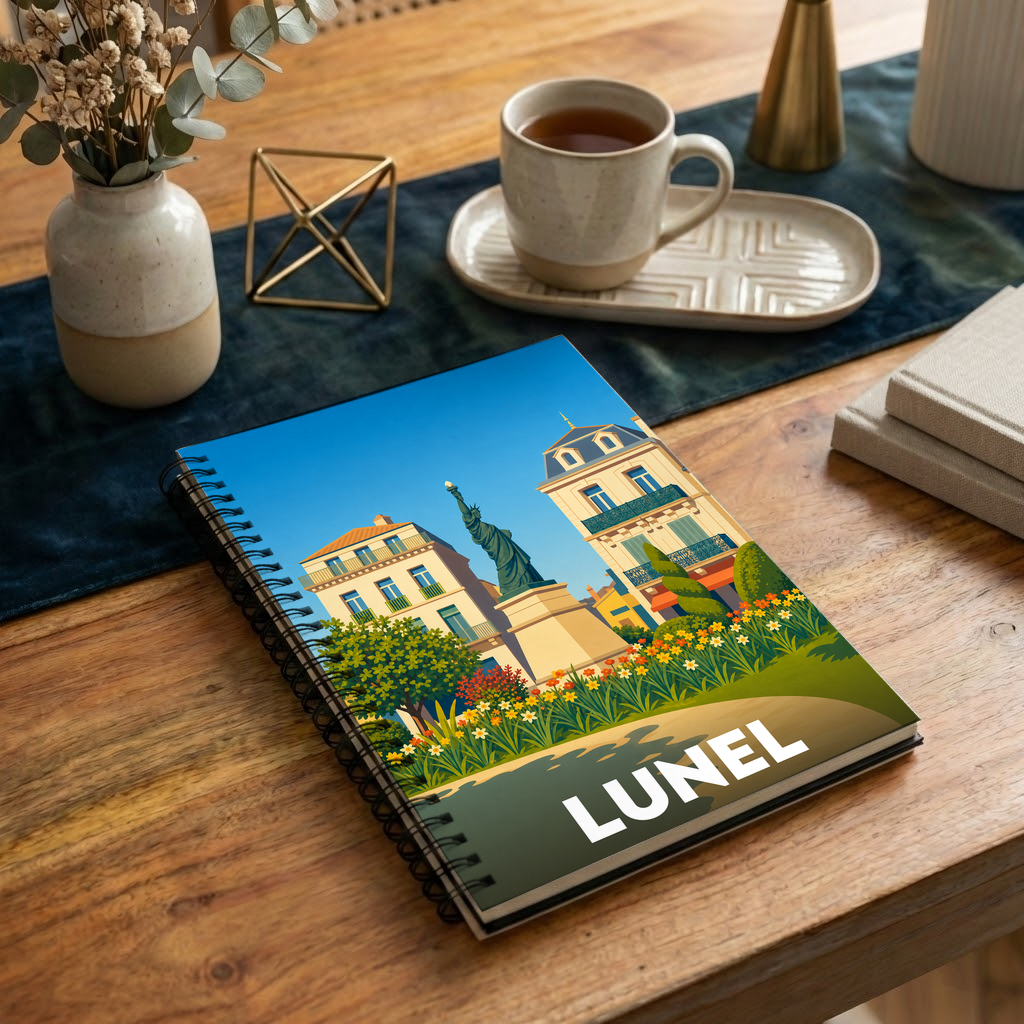 Carnet souvenir de la ville de Lunel avec une illustration stylisée représentant sa statue de la Liberté.