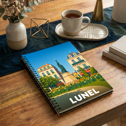 Carnet souvenir de la ville de Lunel avec une illustration stylisée représentant sa statue de la Liberté.