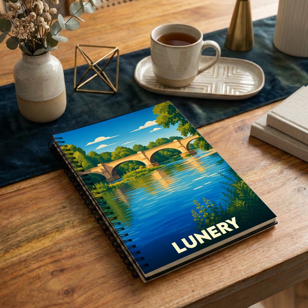 Carnet souvenir de la ville de Lunery avec une illustration stylisée d'un pont au-dessus de l'eau.