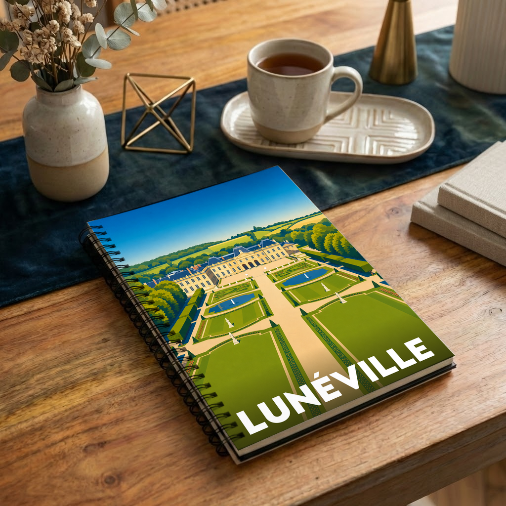 Carnet souvenir de la ville de Lunéville avec une illustration stylisée de son château.
