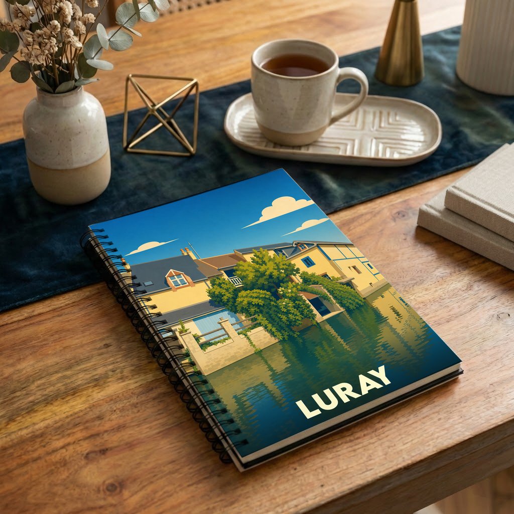 Carnet à spirales souvenir de la ville de Luray avec une illustration stylisée de maisons au bord de l'eau.