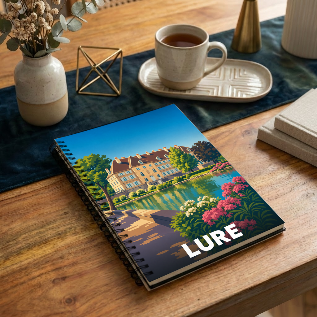 Carnet souvenir de la ville de Lure avec une illustration stylisée d'un manoir au bord de l'eau.
