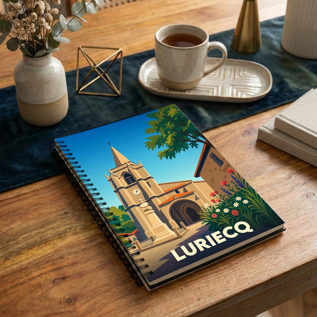 Carnet souvenir de la ville de Luriecq avec une illustration stylisée de son église.