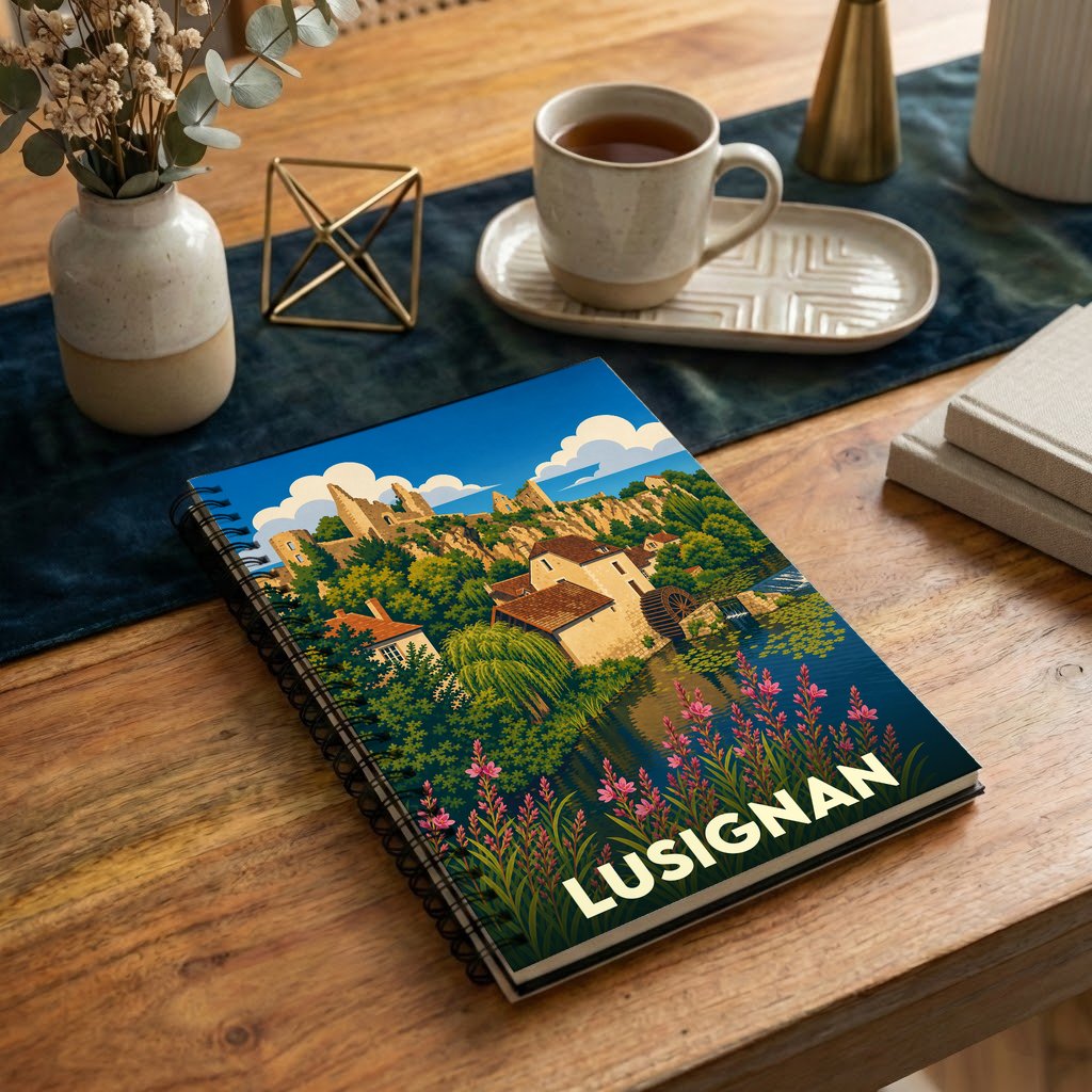 Carnet souvenir de la ville de Lusignan avec une illustration stylisée d'un paysage historique.