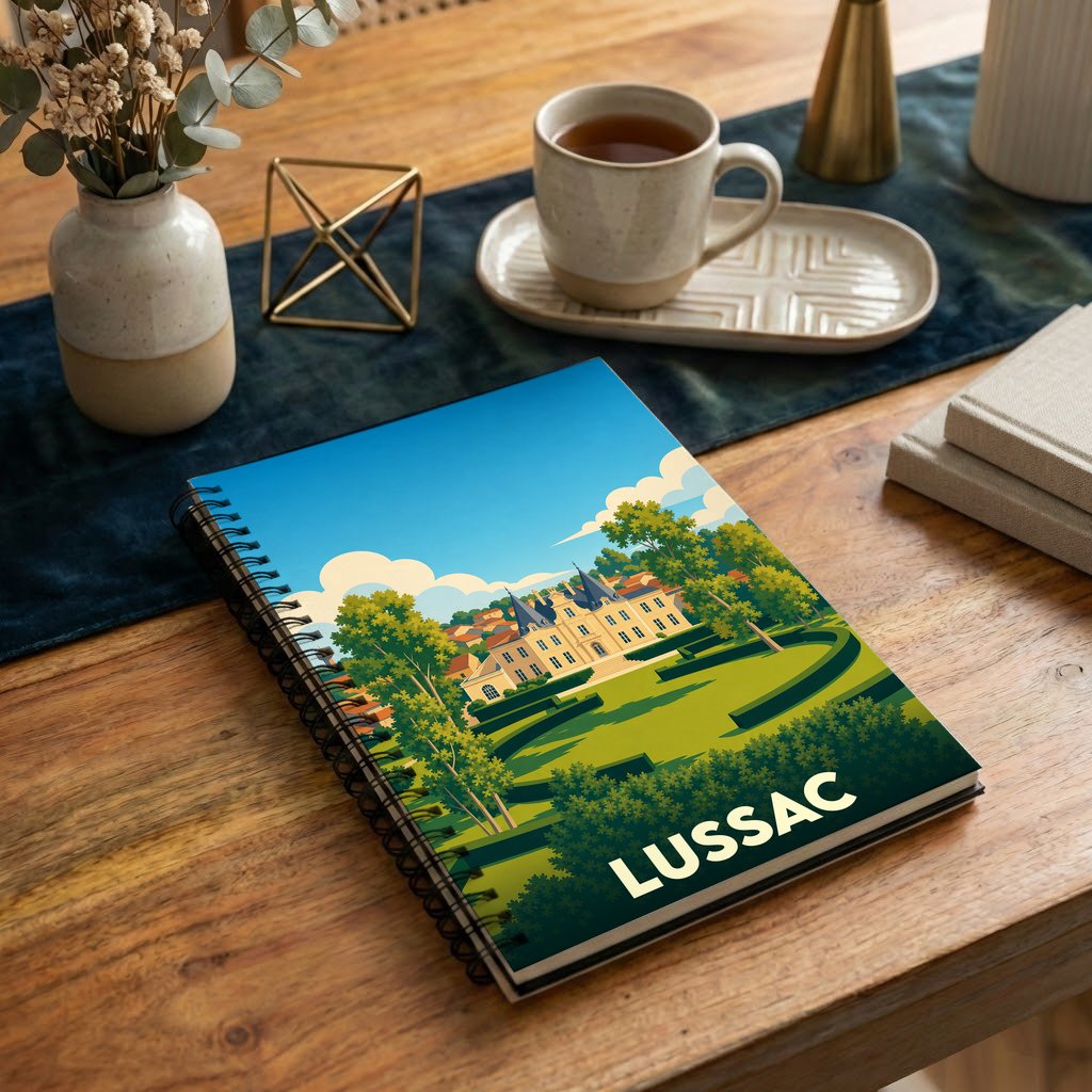 Carnet à spirales souvenir de la ville de Lussac avec une illustration stylisée de son château et de ses jardins.