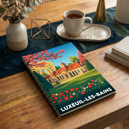 Carnet souvenir de la ville de Luxeuil-les-Bains avec une illustration stylisée de ses thermes.