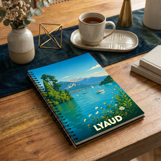 Carnet à spirales souvenir de la ville de Lyaud avec une illustration stylisée de lac et de montagnes.