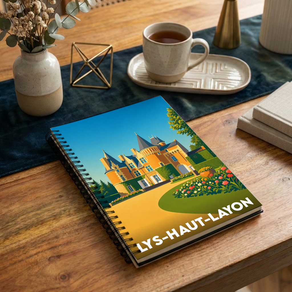 Carnet souvenir de la ville de Lys-Haut-Layon avec une illustration stylisée d'un château.