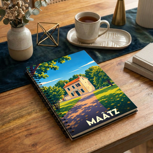 Carnet à spirale souvenir de la ville de Maâtz avec une illustration stylisée d'une maison de campagne.