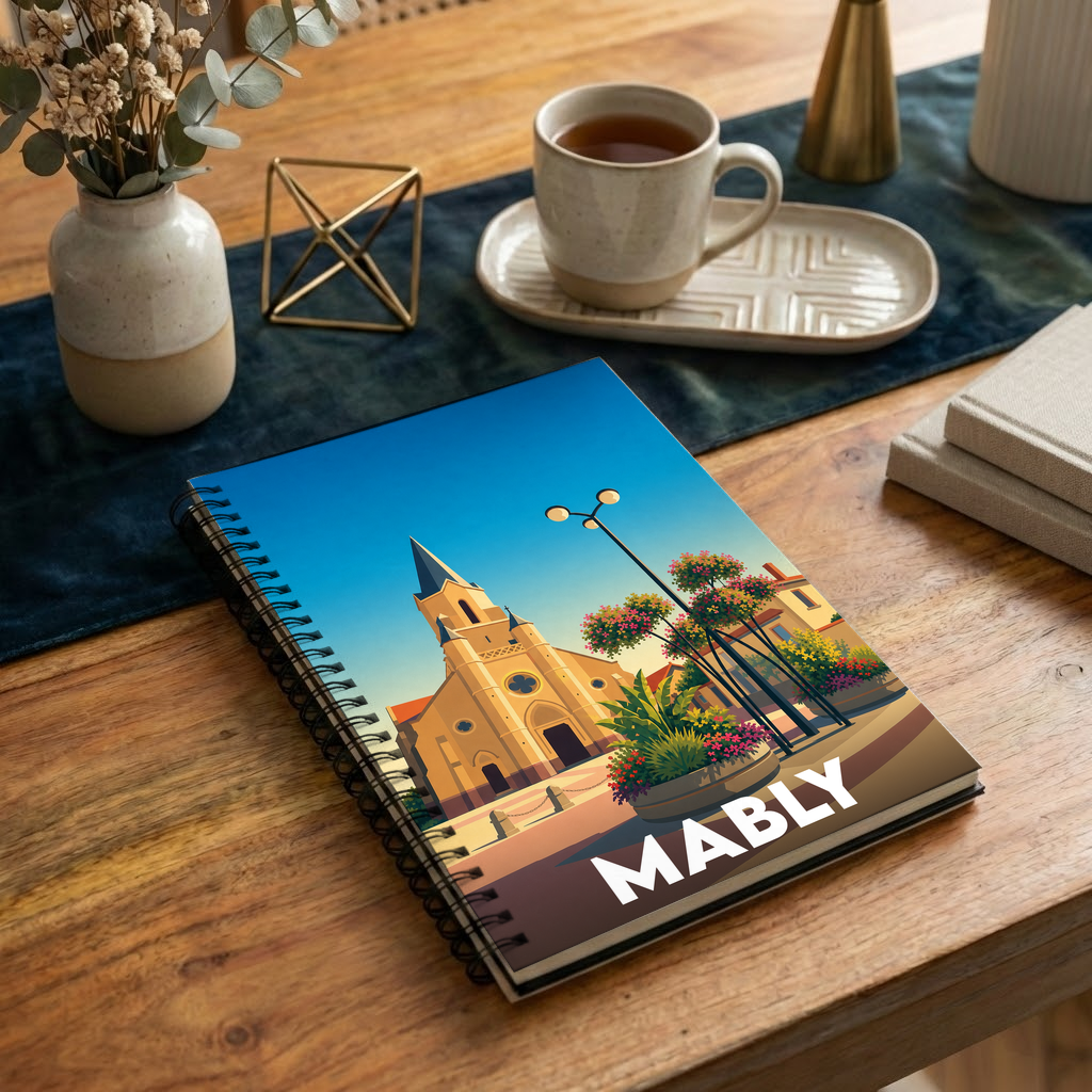 Carnet à spirales souvenir de la ville de Mably avec une illustration stylisée de son église.