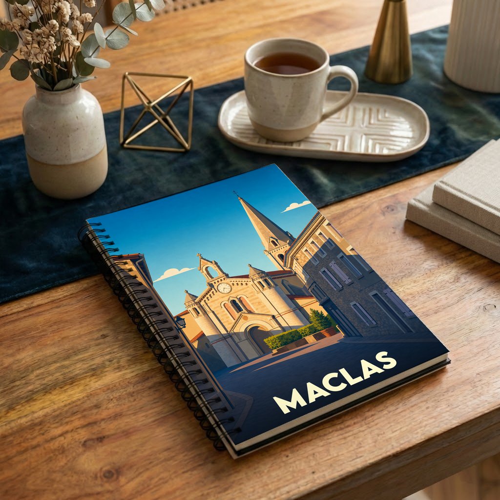 Carnet souvenir de la ville de Maclas avec une illustration stylisée de son église sous un ciel bleu.