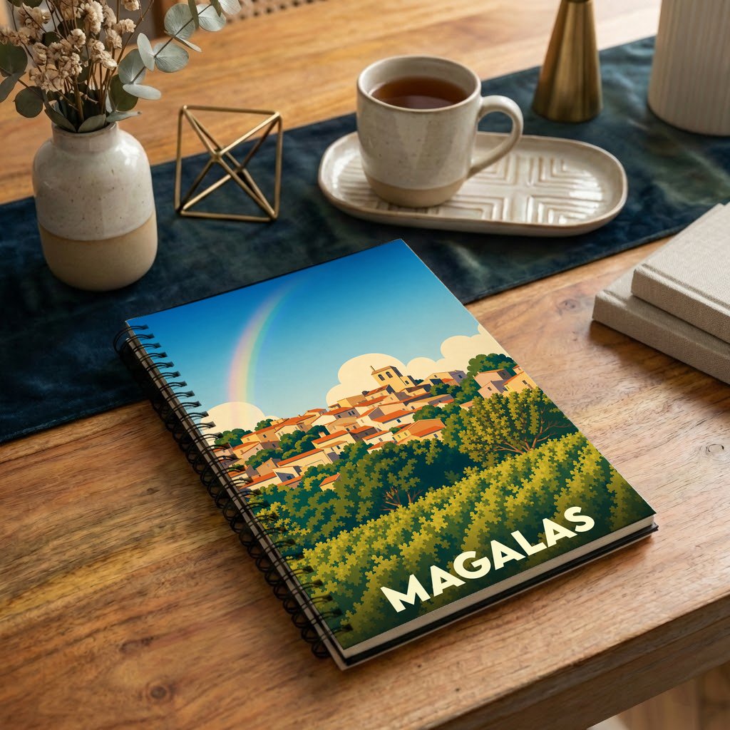 Carnet souvenir de la ville de Magalas avec une illustration stylisée d'un village sous un arc-en-ciel.