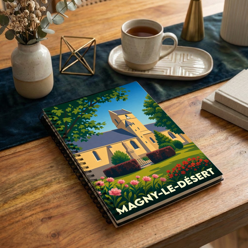 Carnet à spirale souvenir de Magny-le-Désert avec une illustration stylisée de son église et de ses jardins.