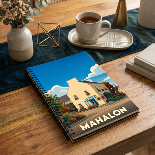 Carnet à spirales souvenir de la ville de Mahalon avec une illustration stylisée d'une maison bretonne.