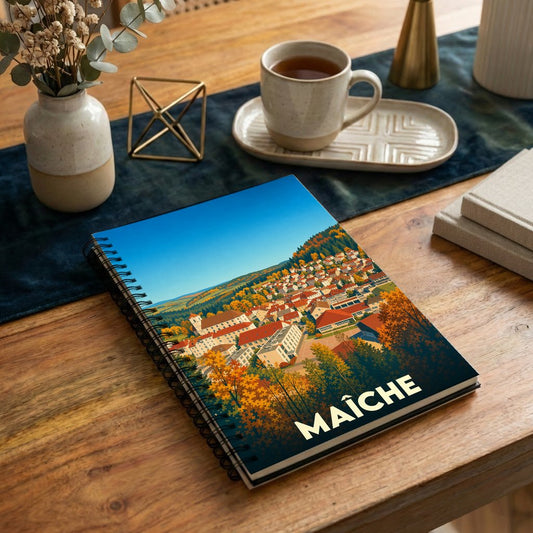 Carnet souvenir de la ville de Maîche avec une illustration stylisée d'un paysage automnal.