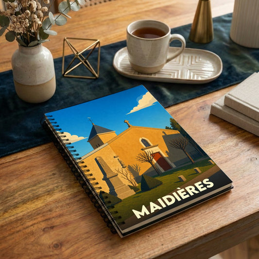 Carnet souvenir de la ville de Maidières avec une illustration stylisée de son église.