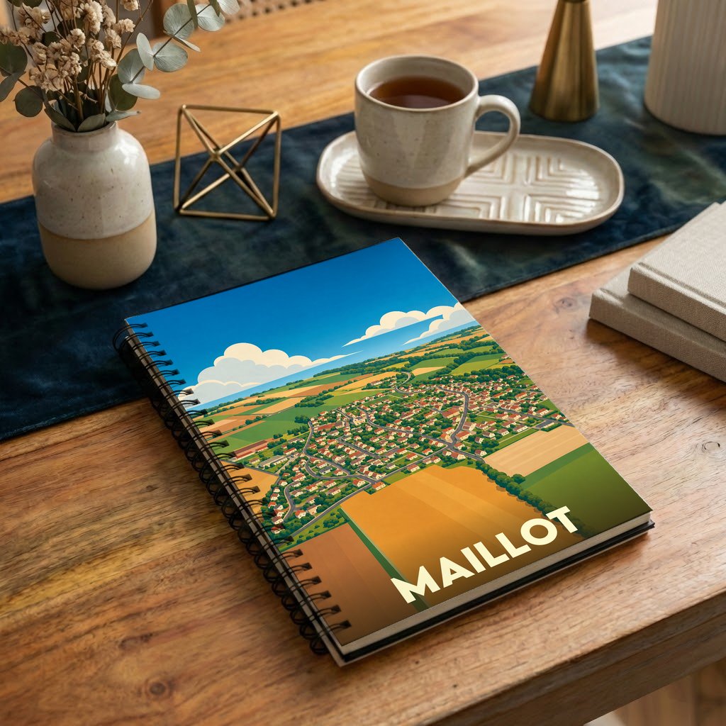 Carnet souvenir de la ville de Maillot avec une illustration stylisée d'un paysage de campagne vue du ciel.