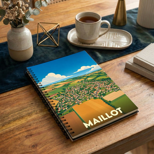 Carnet souvenir de la ville de Maillot avec une illustration stylisée d'un paysage de campagne vue du ciel.