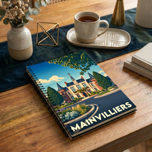 Carnet à spirales souvenir de la ville de Mainvilliers avec une illustration stylisée de l'hôtel de ville.