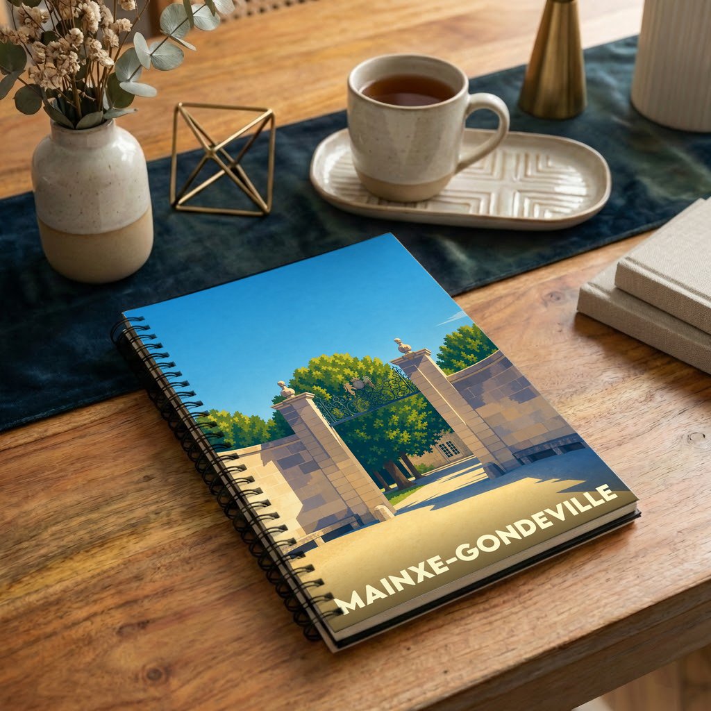 Carnet souvenir de la ville de Mainxe-Gondeville avec une illustration stylisée de ses parcs et bâtiments.