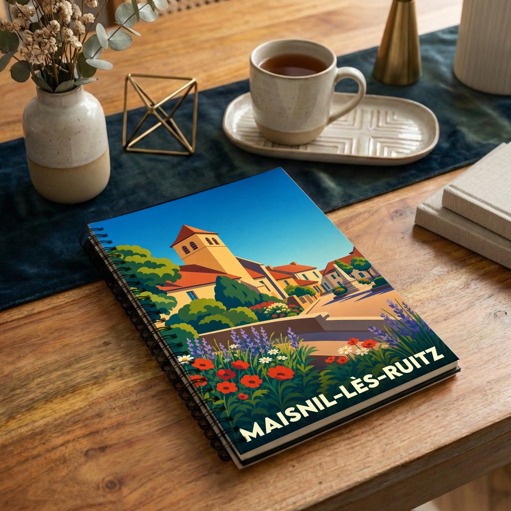 Carnet souvenir de la ville de Maisnil-lès-Ruitz avec une illustration stylisée et colorée.