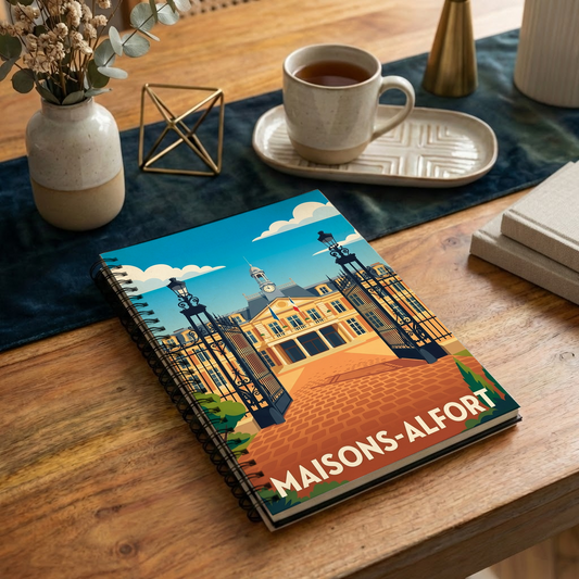 Carnet de notes souvenir de la ville de Maisons-Alfort avec une illustration stylisée de son hôtel de ville.