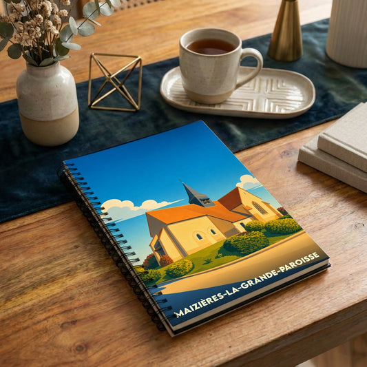 Carnet de notes souvenir de la ville de Maizières-la-Grande-Paroisse avec une illustration stylisée de son église.