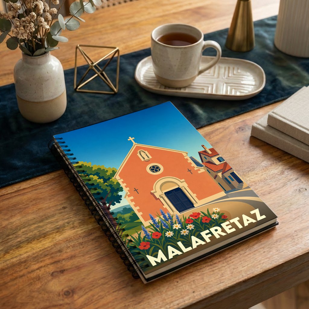 Carnet de notes souvenir de la ville de Malafretaz avec une illustration colorée et stylisée de son église.