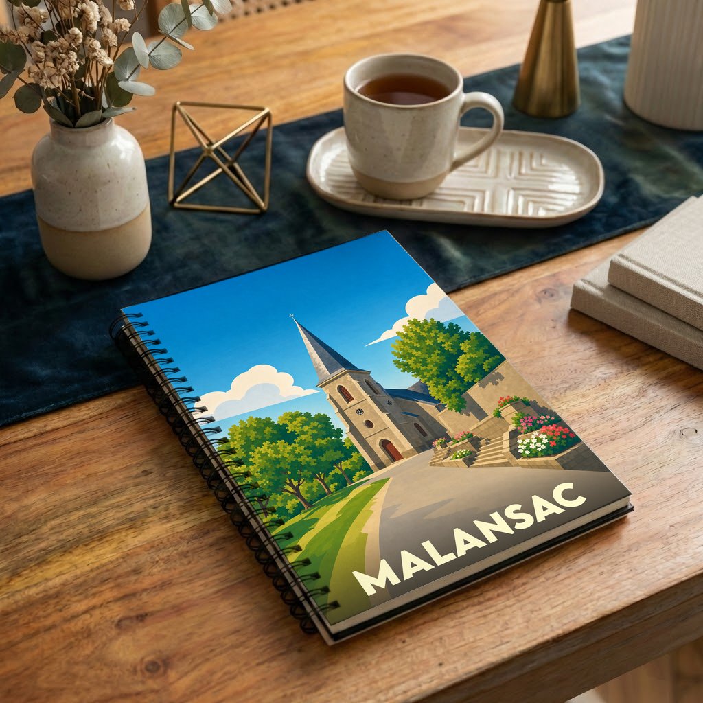 Carnet à spirales souvenir de la ville de Malansac illustré d'un dessin stylisé de son église.