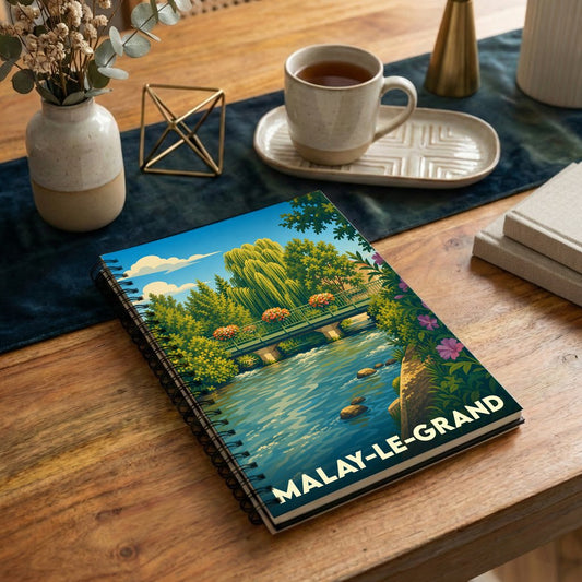 Carnet à spirales souvenir de la ville de Malay-le-Grand avec une illustration stylisée d'un pont fleuri en bord de rivière.