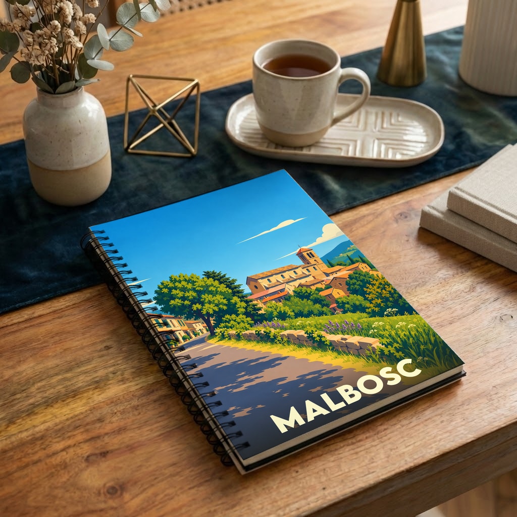 Carnet à spirales souvenir de la ville de Malbosc avec une illustration stylisée d'un paysage ensoleillé.