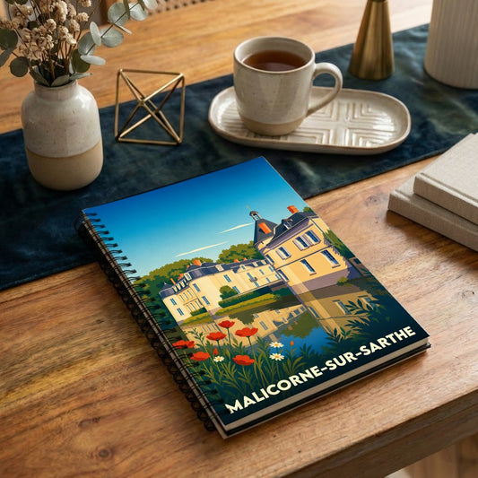 Carnet à spirales souvenir de Malicorne-sur-Sarthe illustré d'un château se reflétant dans l'eau.