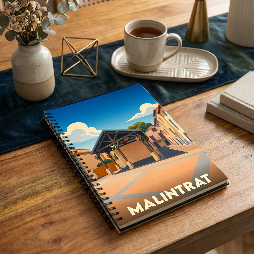 Carnet souvenir de la ville de Malintrat avec une illustration stylisée.