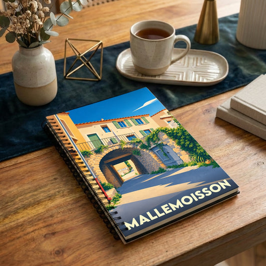 Carnet souvenir de la ville de Mallemoisson illustré par un dessin stylisé d'une ruelle provençale.