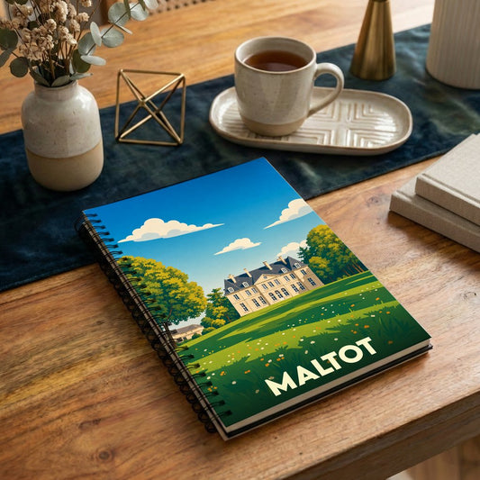Carnet souvenir de la ville de Maltot avec une illustration stylisée représentant un château dans un parc.