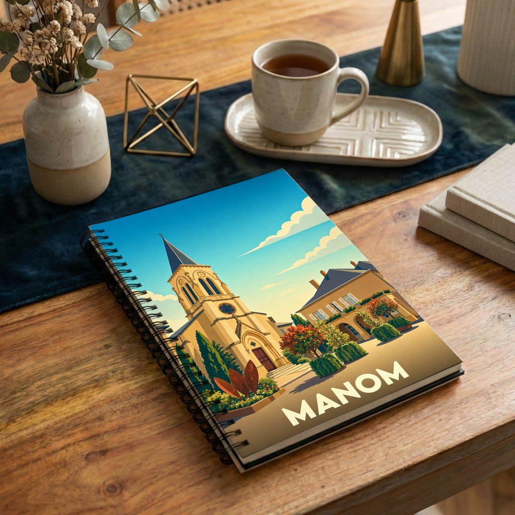 Carnet souvenir de la ville de Manom orné d'une illustration stylisée de son église et de ses bâtiments.