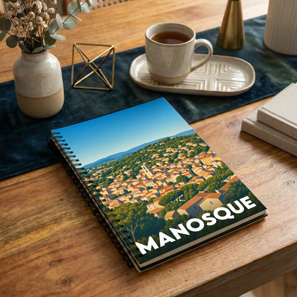 Carnet souvenir de la ville de Manosque avec une illustration stylisée.