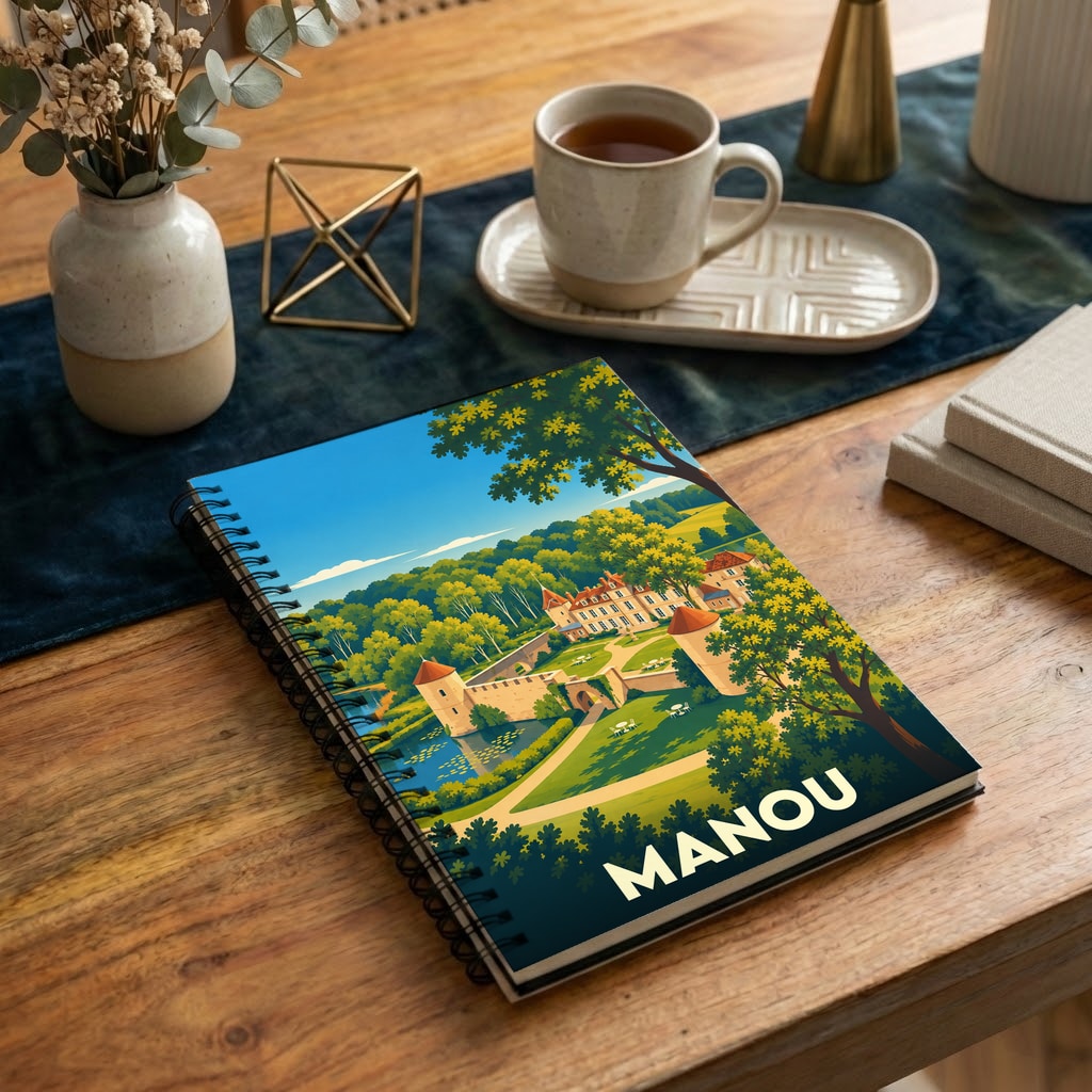 Carnet à spirales souvenir de la ville de Manou avec une illustration stylisée de son château et ses jardins.