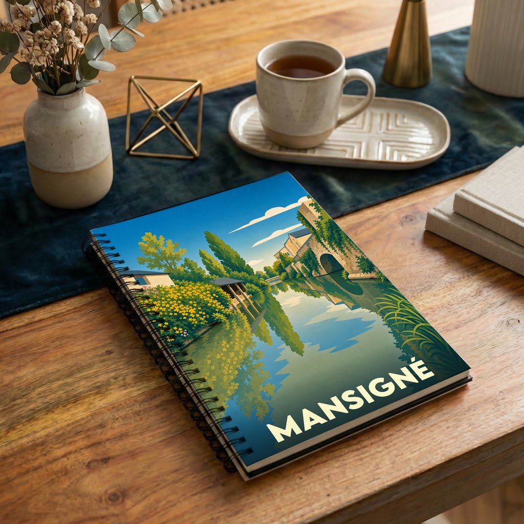 Carnet souvenir de la ville de Mansigné illustré d'un paysage stylisé au bord de l'eau.