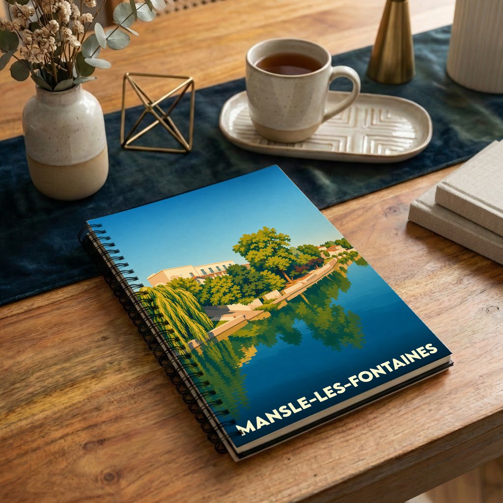 Carnet à spirales souvenir de Mansle-les-Fontaines avec une illustration stylisée des bords de Charente.