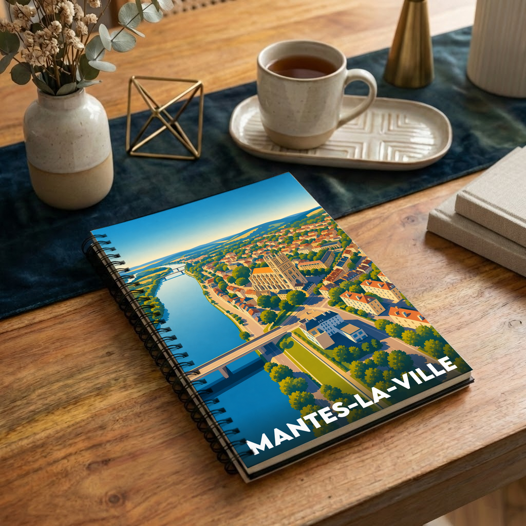 Carnet souvenir de la ville de Mantes-la-Ville avec une illustration panoramique stylisée.