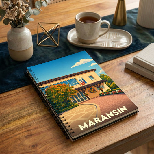 Carnet à spirales souvenir de la ville de Maransin avec une illustration stylisée de sa mairie.