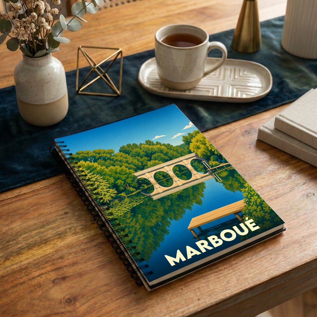 Carnet souvenir de la ville de Marboué avec une illustration stylisée d'un pont et d'une rivière.