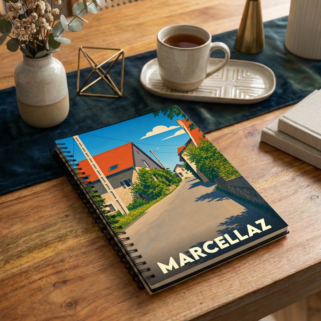 Carnet à spirales souvenir de la ville de Marcellaz illustré par un dessin stylisé d'une rue ensoleillée.