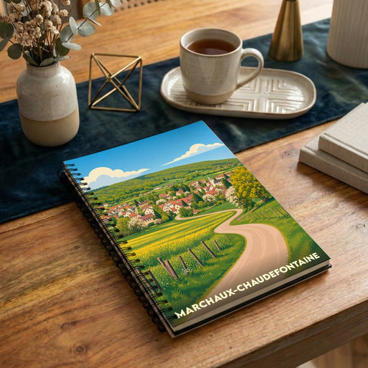 Carnet à spirales souvenir de la ville de Marchaux-Chaudefontaine avec une illustration de paysage champêtre stylisée.