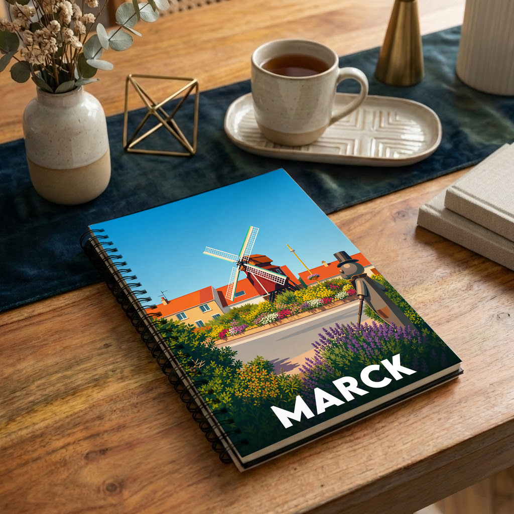 Carnet souvenir de la ville de Marck avec une illustration stylisée représentant un moulin.