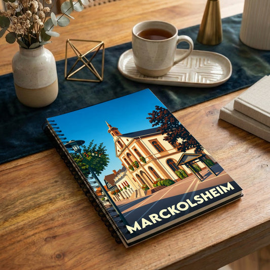 Carnet souvenir de la ville de Marckolsheim illustré par un dessin stylisé de son hôtel de ville.