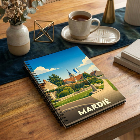 Carnet de notes souvenir de la ville de Mardié avec une illustration stylisée.