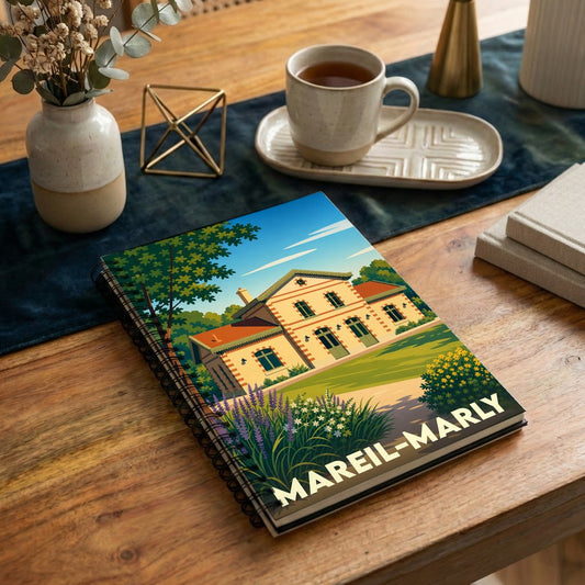 Carnet de notes à spirales souvenir de la ville de Mareil-Marly avec une illustration graphique colorée d'un bâtiment historique.